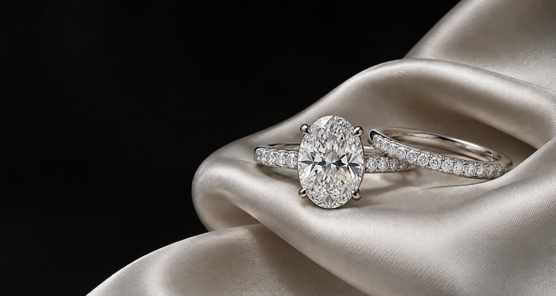 Diamond engagement ring and wedding band on silk