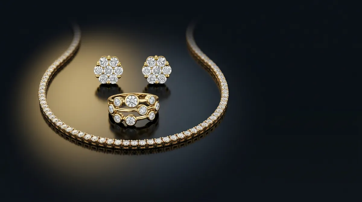 Diamond flower stud earrings, bubble ring and tennis necklace on black stone