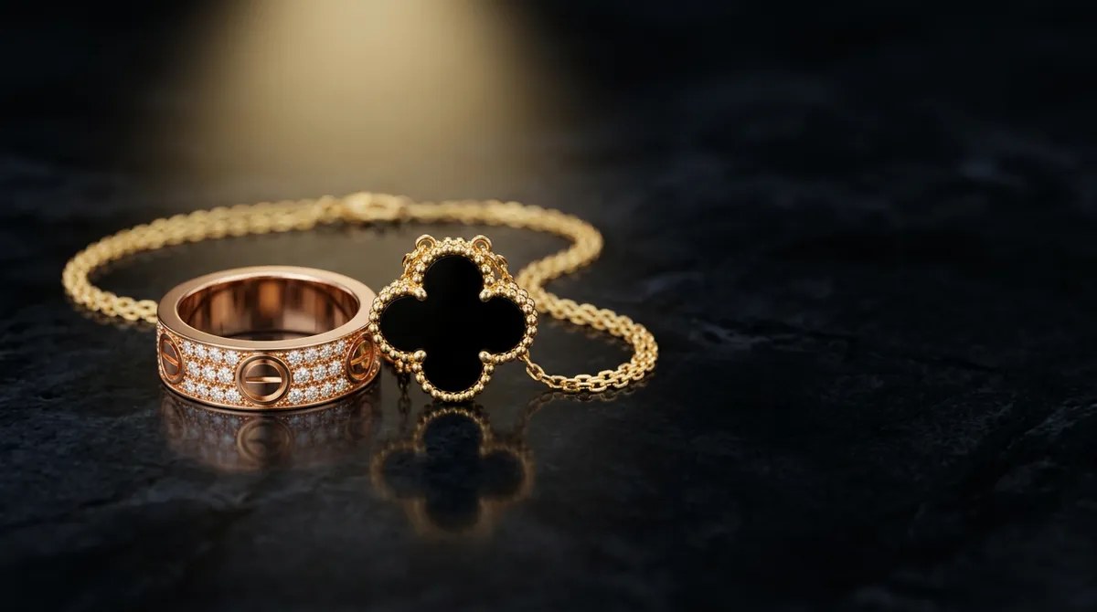 Van Cleef & Arpels Vintage Alhambra onyx pendant and Cartier Love ring on black stone
