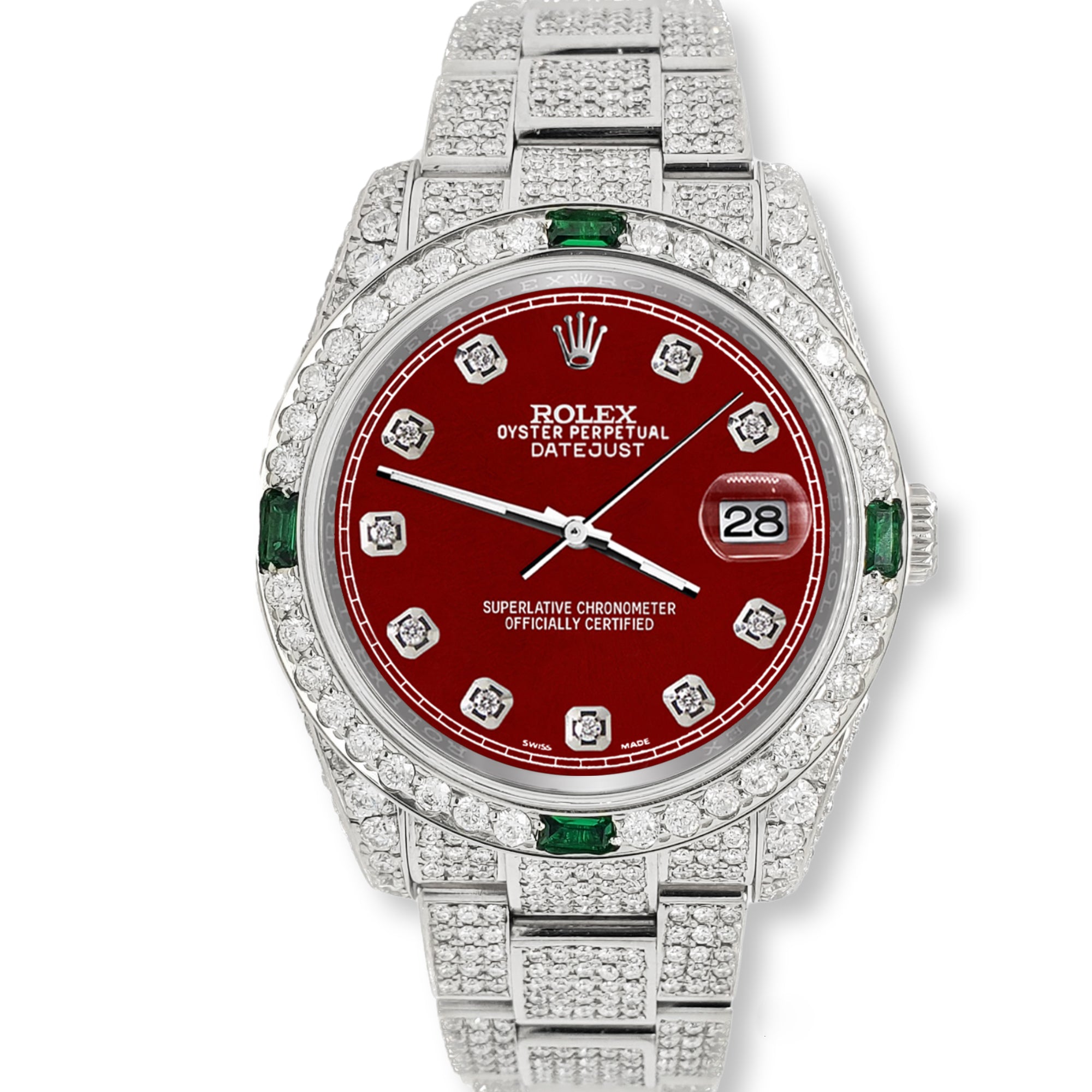 Rolex Datejust 36mm 12.4ct Diamonds Emeralds Bezel/Case/Bracelet/Imperial Red Diamond Dial 116200 Steel Watch