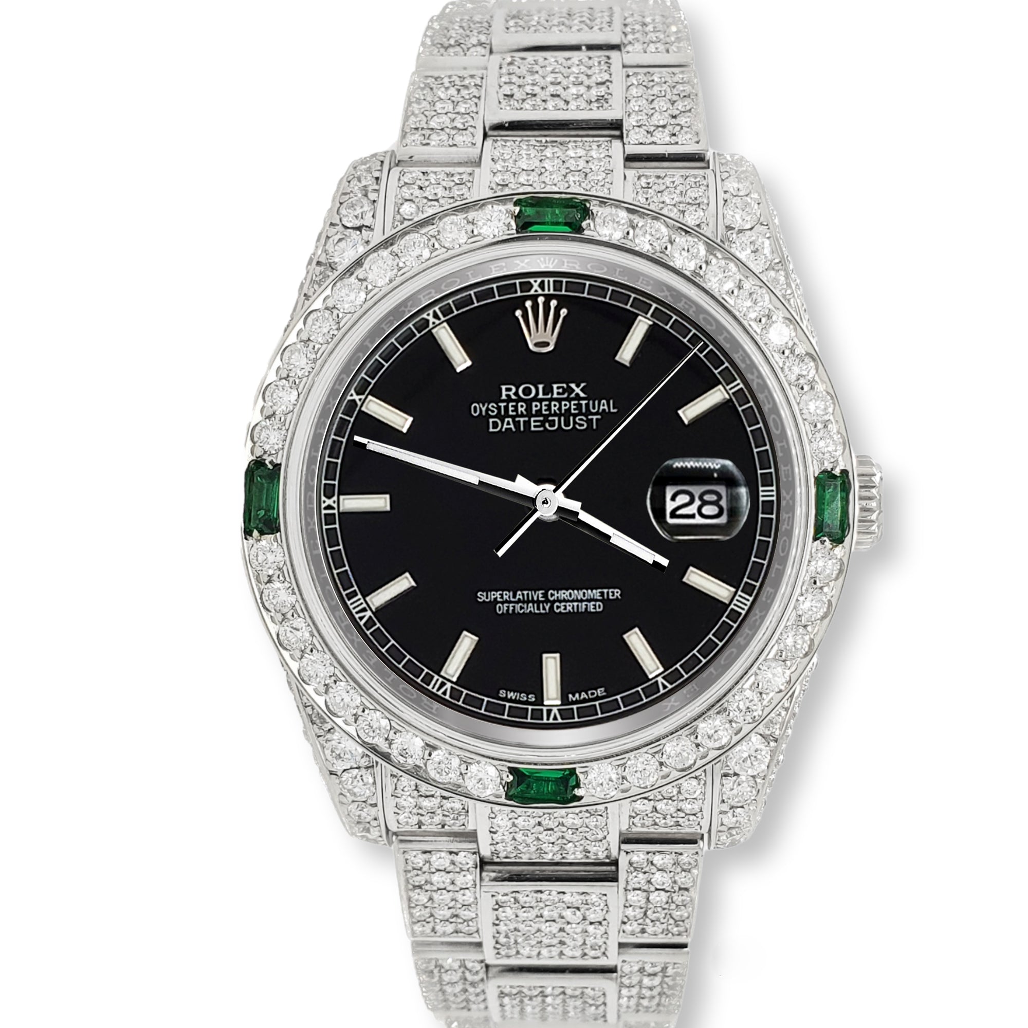 Rolex Datejust 36mm 12.4ct Diamonds Emeralds Bezel/Case/Bracelet Black Stick Dial Steel Watch Box Papers