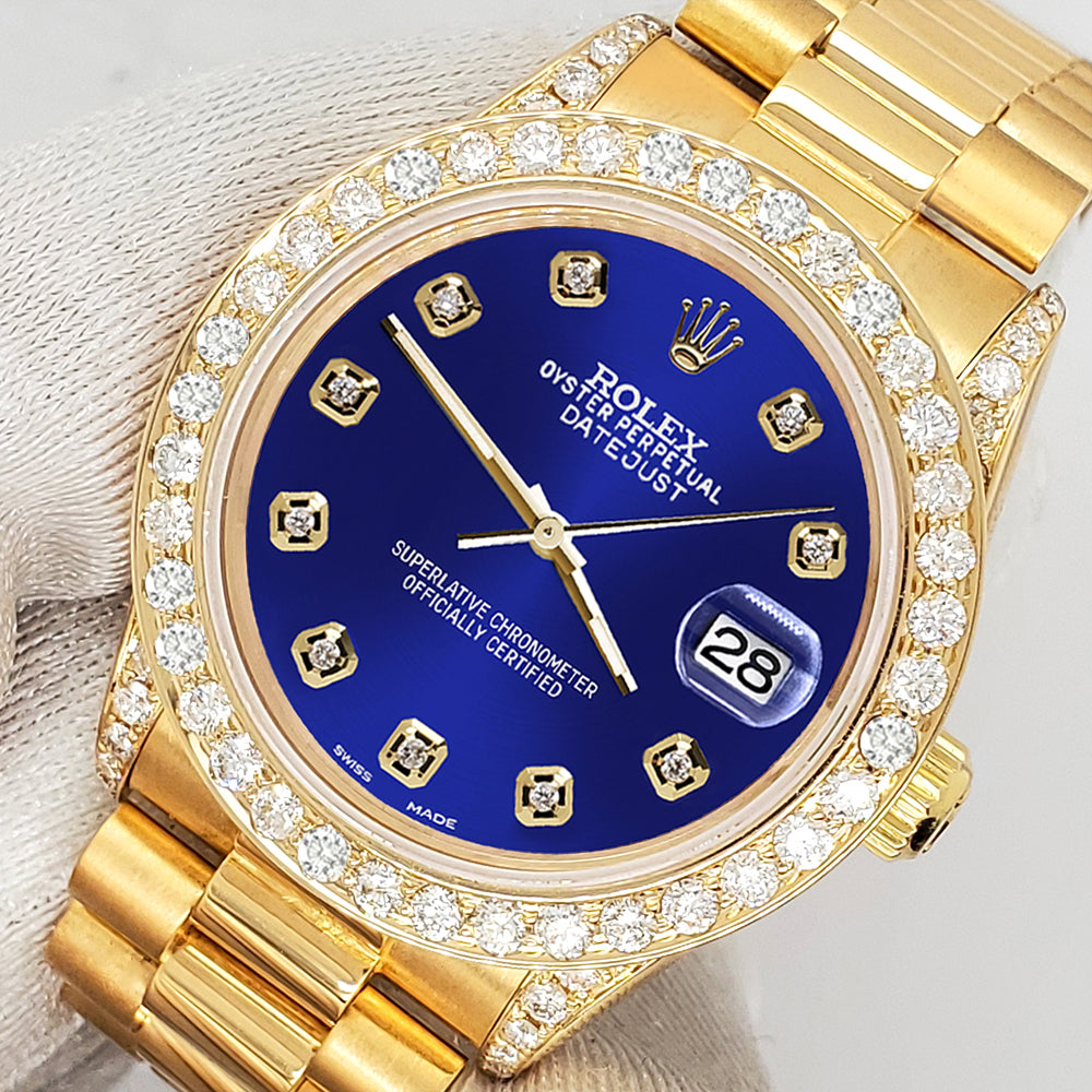 Rolex President Datejust 31mm 2.3CT Diamond Bezel/Lugs/Navy Blue Dial Yellow Gold Watch