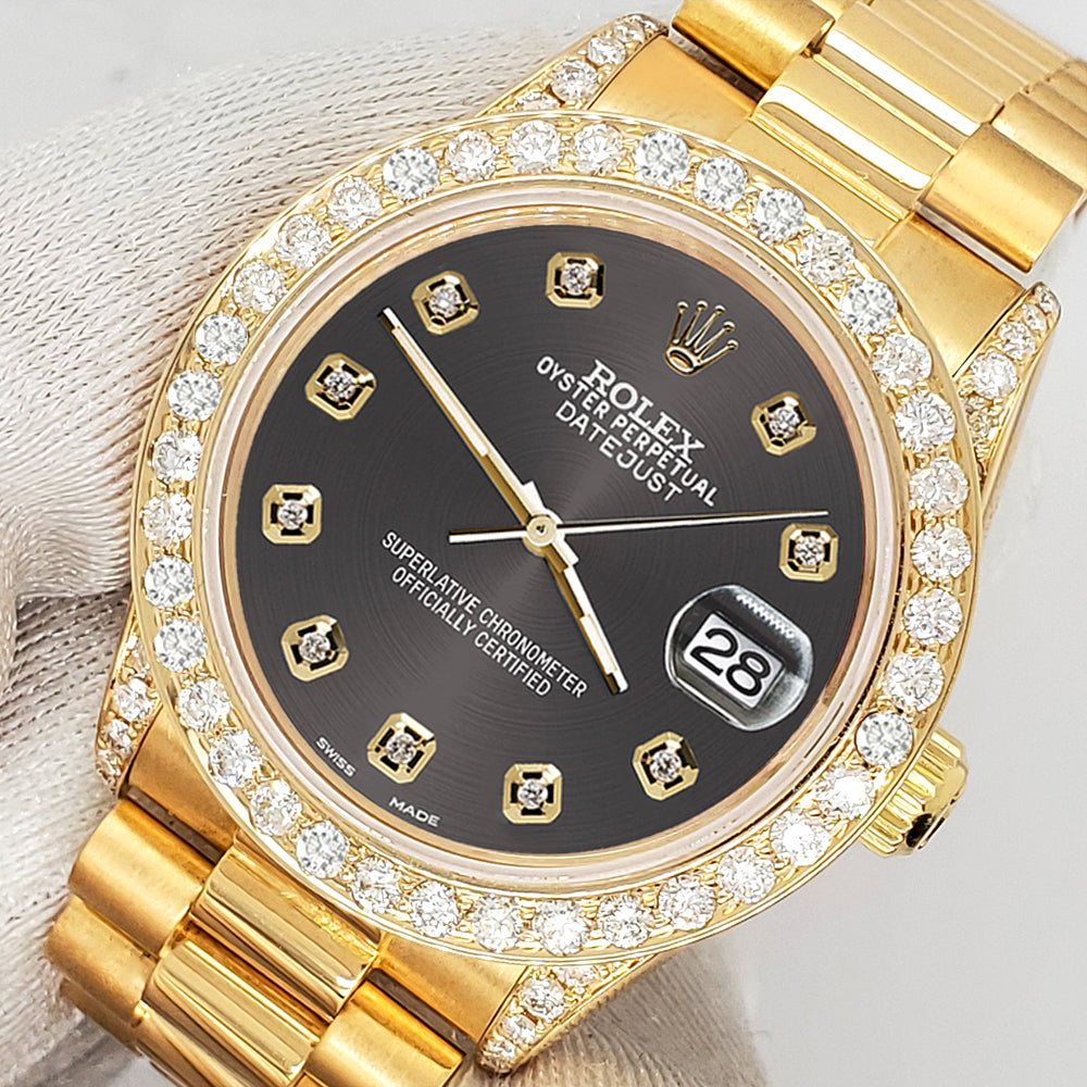 Rolex President Datejust 31mm 2.3CT Diamond Bezel/Lugs/Rhodium Gray Dial Yellow Gold Watch