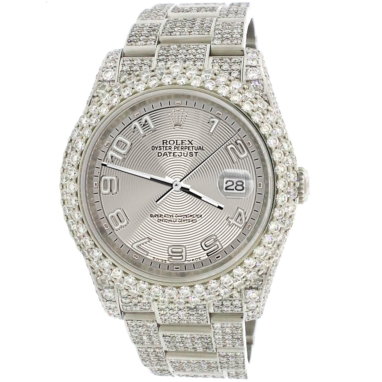 Rolex Datejust 36mm 116200 Pave 16.9CT Diamond Bezel/Case/Bracelet/Silver Concentrate Arabic Dial Watch Box Papers