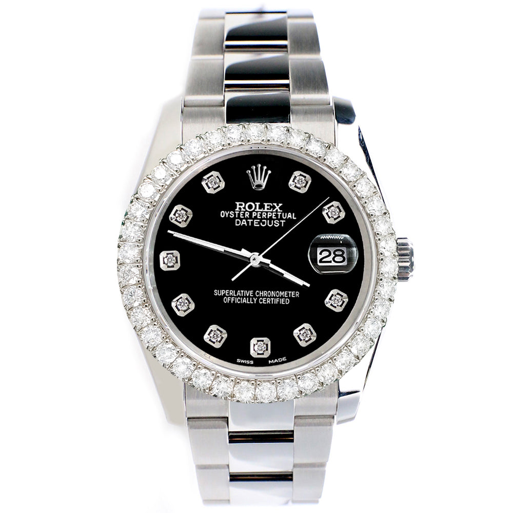 Rolex Datejust 116200 36mm 2.7ct Diamond Bezel/Black Diamond Dial Steel Oyster Watch