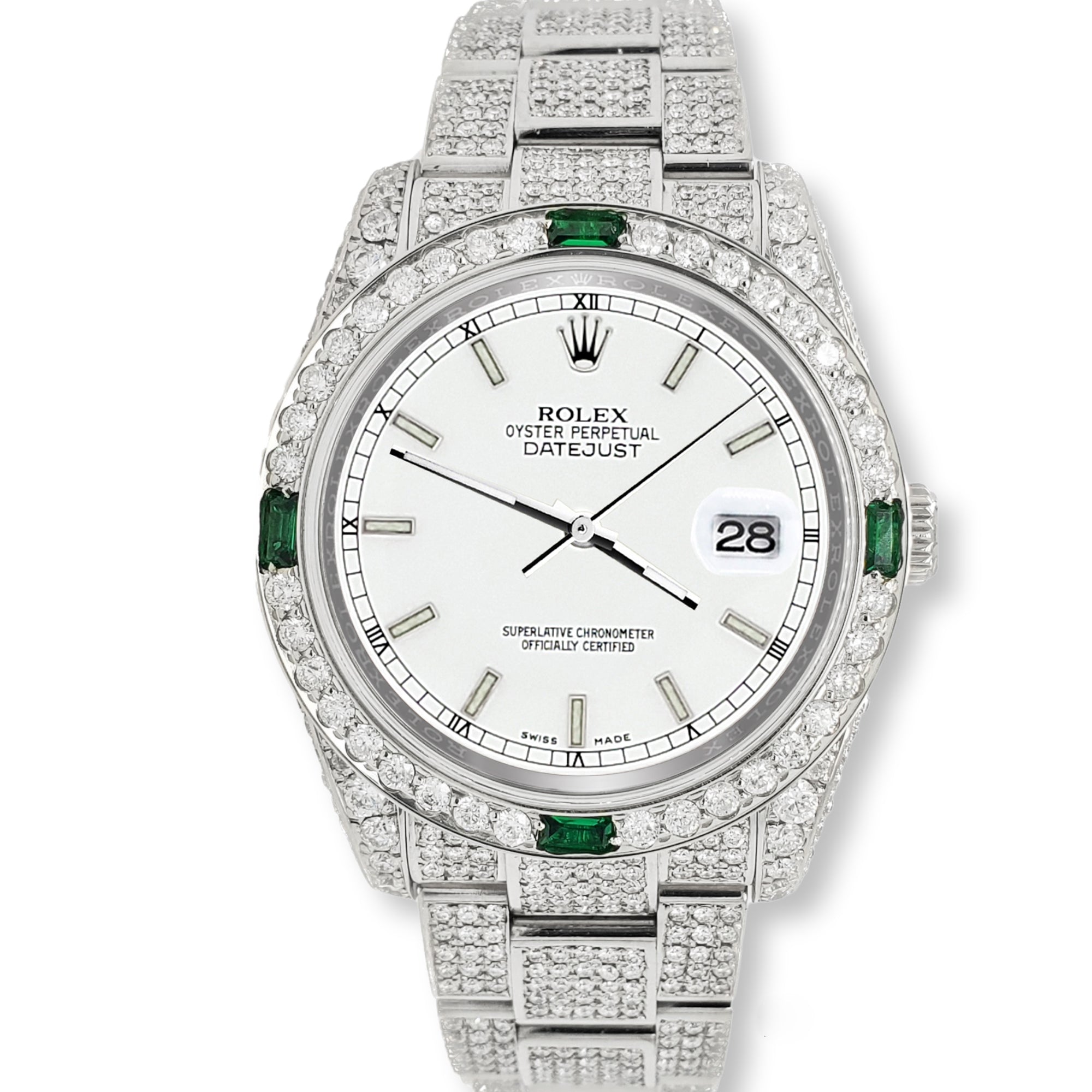 Rolex Datejust 36mm 12.4ct Diamonds Emeralds Bezel/Case/Bracelet White Stick Dial Steel Watch Box Papers