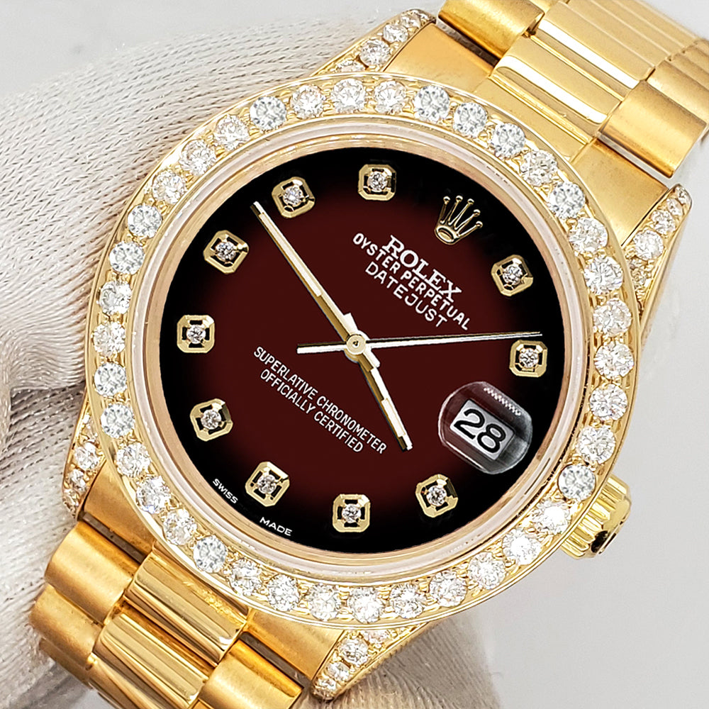 Rolex President Datejust 31mm 2.3CT Diamond Bezel/Lugs/Maroon Vignette Dial Yellow Gold Watch