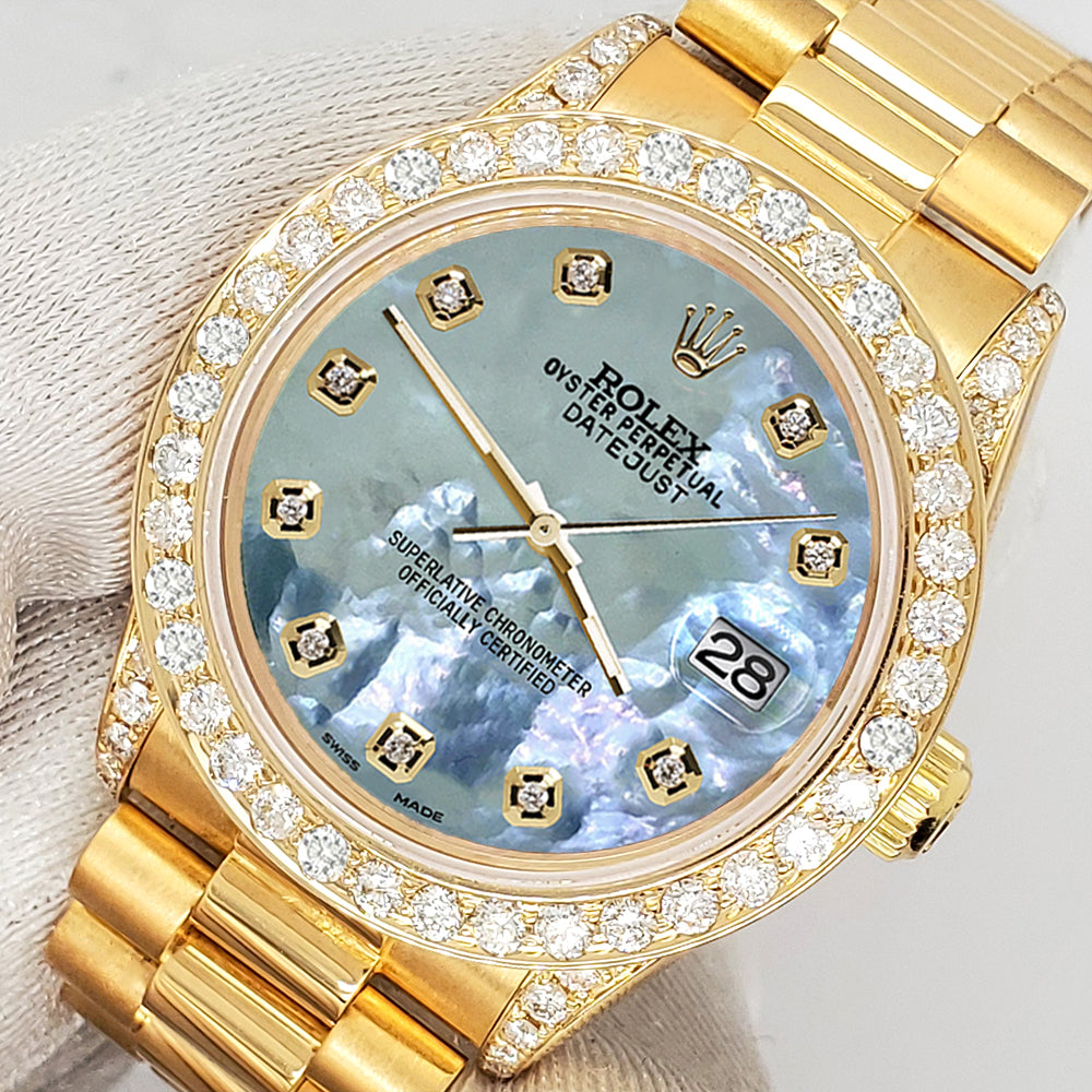 Rolex President Datejust 31mm 2.3CT Diamond Bezel/Lugs/Tahitian Blue Dial Yellow Gold Watch