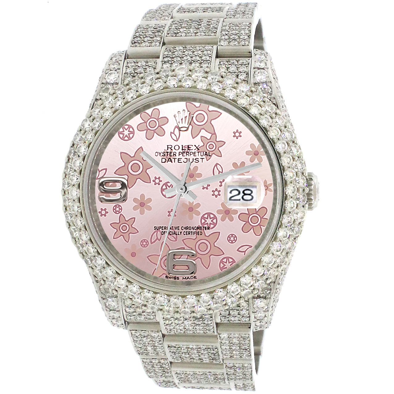 Rolex Datejust 36mm 116200 Pave 16.9CT Diamond Bezel/Case/Bracelet/Pink Flower Dial Watch Box Papers