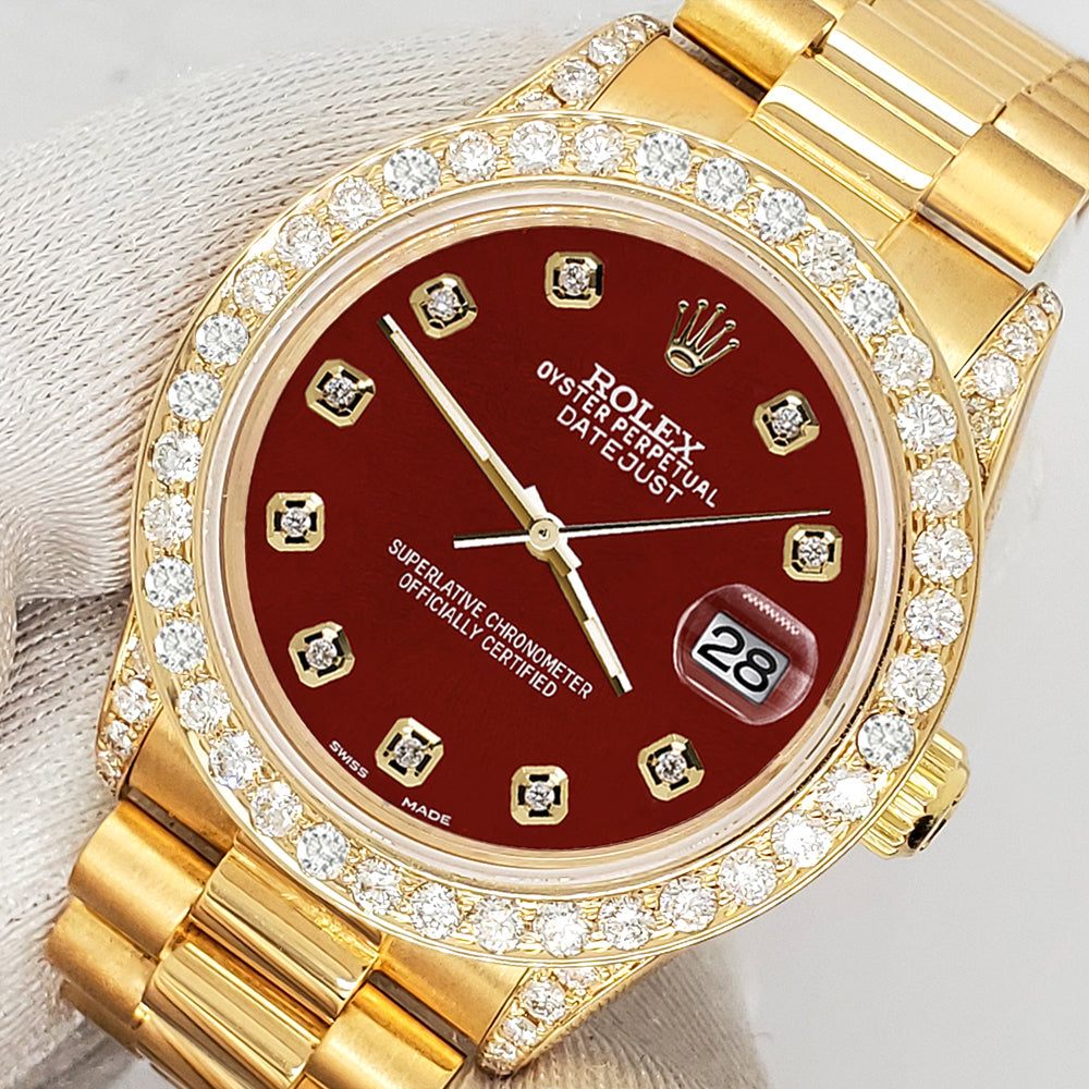 Rolex President Datejust 31mm 2.3CT Diamond Bezel/Lugs/Imperial Red Dial Yellow Gold Watch