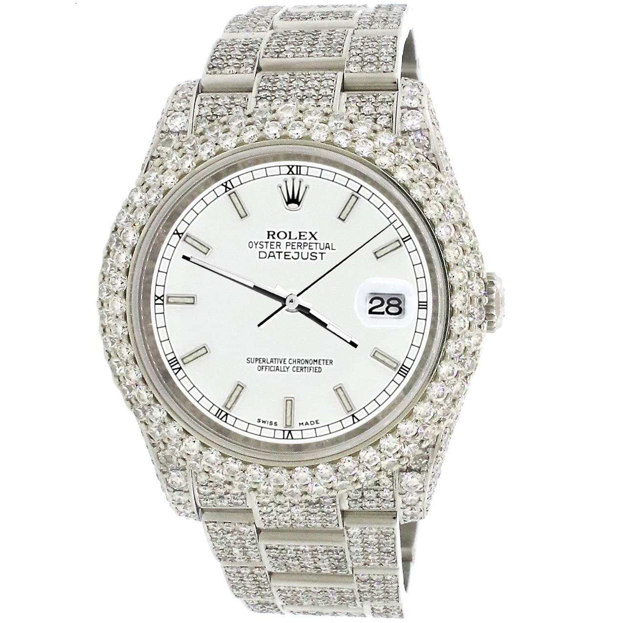 Rolex Datejust 36mm 116200 Pave 16.9CT Diamond Bezel/Case/Bracelet/White Stick Dial Watch Box Papers