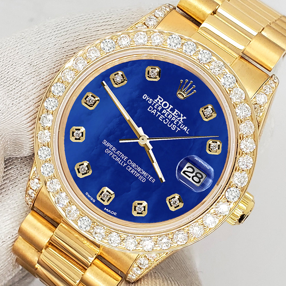 Rolex President Datejust 31mm 2.3CT Diamond Bezel/Lugs/Royal Blue MOP Dial Yellow Gold Watch