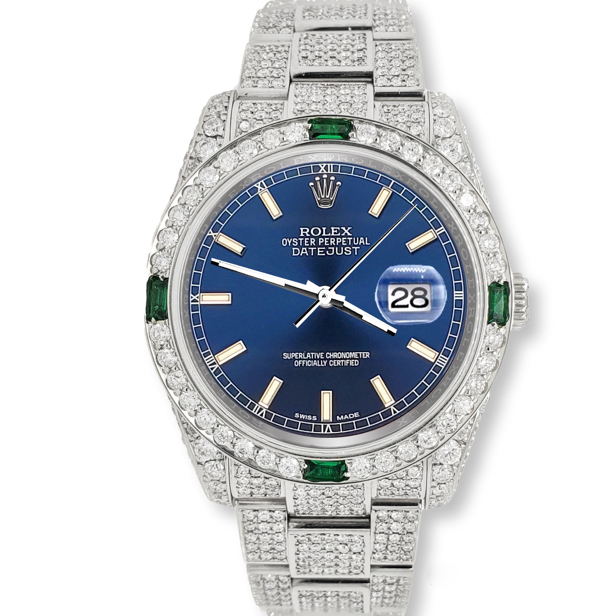 Rolex Datejust 36mm 12.4ct Diamonds Emeralds Bezel/Case/Bracelet Blue Stick Dial Steel Watch Box Papers