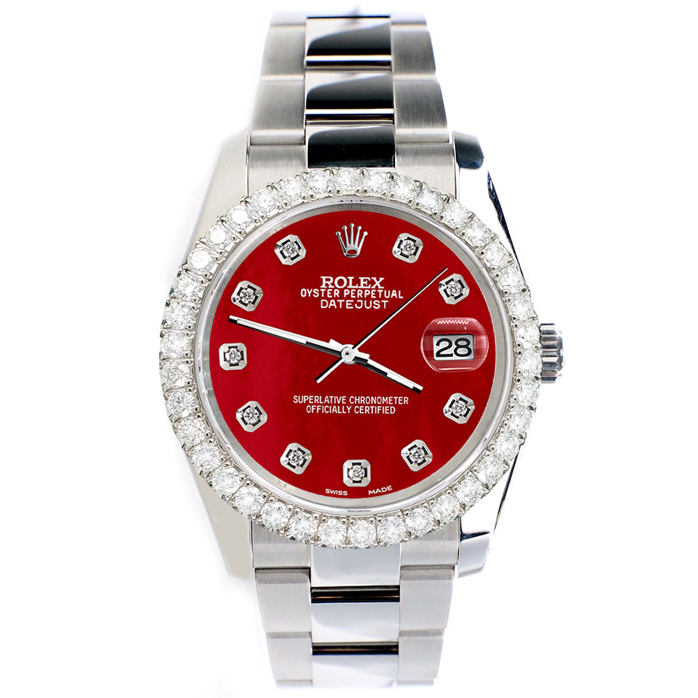 Rolex Datejust 116200 36mm 2.7ct Diamond Bezel/Red MOP Diamond Dial Steel Oyster Watch