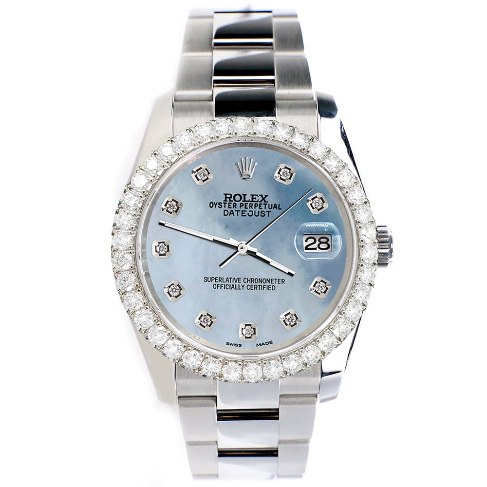 Rolex Datejust 116200 36mm 2.7ct Diamond Bezel/Sky Blue MOP Diamond Dial Steel Oyster Watch