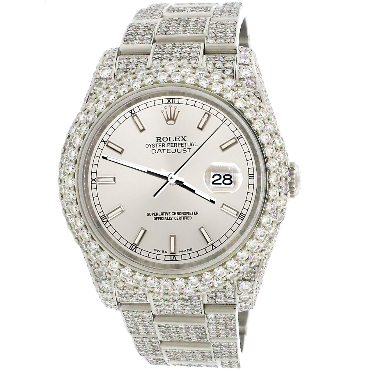Rolex Datejust 36mm 116200 Pave 16.9CT Diamond Bezel/Case/Bracelet/Silver Stick Dial Watch Box Papers
