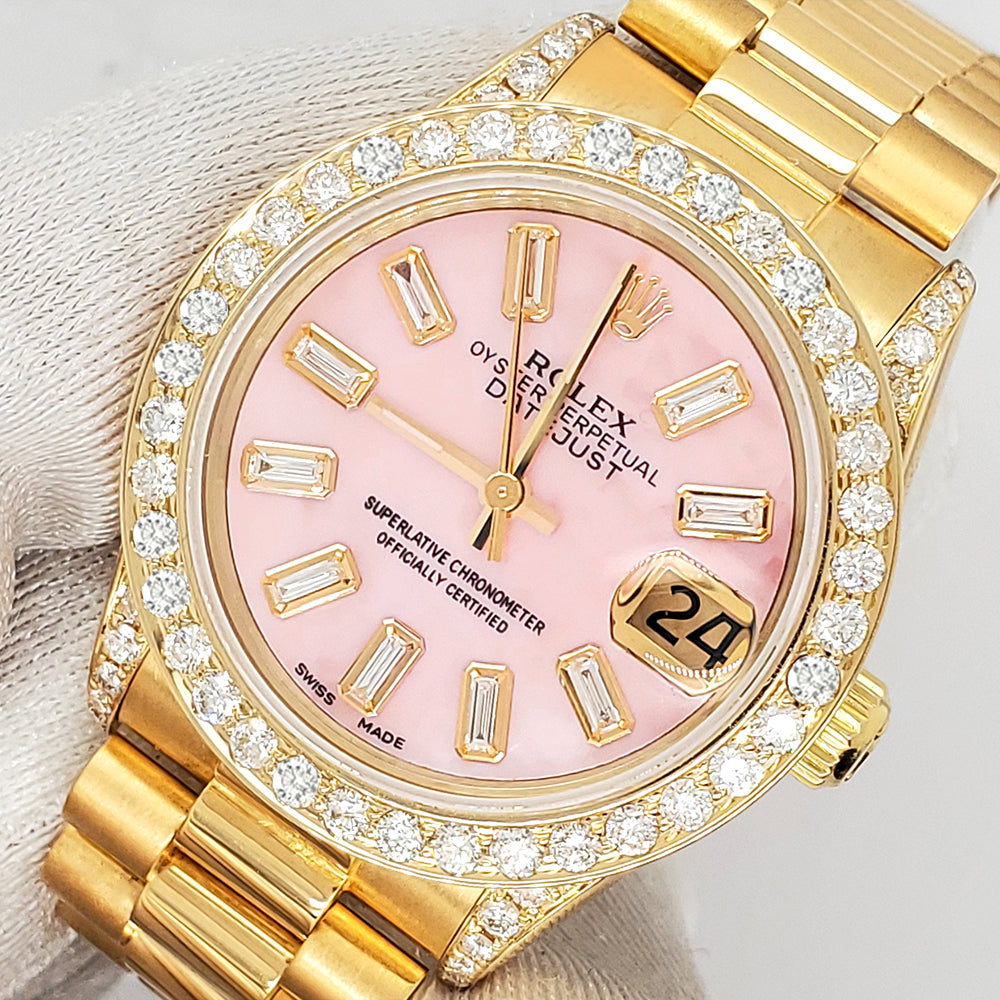 Rolex President Datejust 31mm 2.3CT Diamond Bezel/Lugs/Pink Baguette Dial Yellow Gold Watch