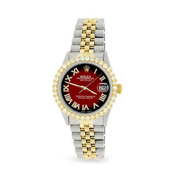 Rolex Datejust 36mm 2-Tone WATCH/3.10ct Diamond Bezel/Vignette Red Black Dial