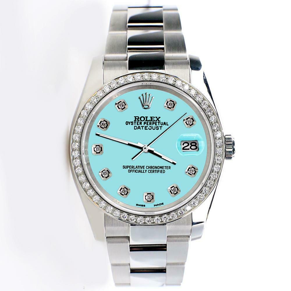 Rolex Datejust 36MM Steel/Custom Diamond Bezel/Aqua Blue Diamond Dial/116200