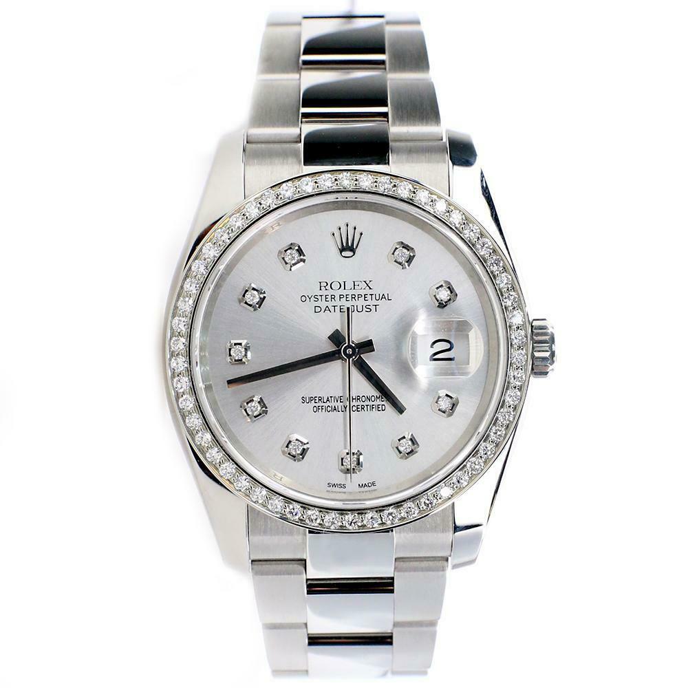 Rolex Datejust 36MM Steel Oyster/Custom Diamond Bezel/Silver Diamond 116200