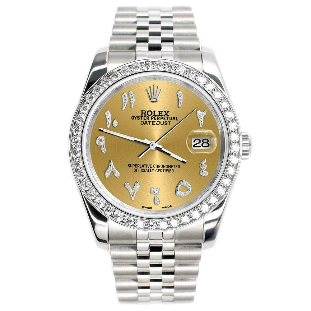 Rolex Datejust 116200 36mm 2.0ct Diamond Bezel/Champagne Arabic Dial Steel Watch