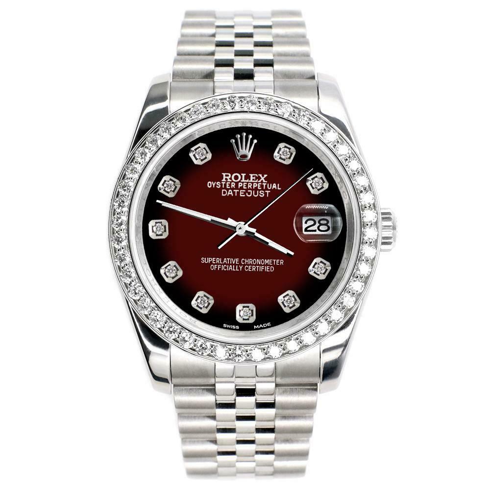 Rolex Datejust 116200 36mm 1.85ct Diamond Bezel/Maroon Red Dial Steel Watch