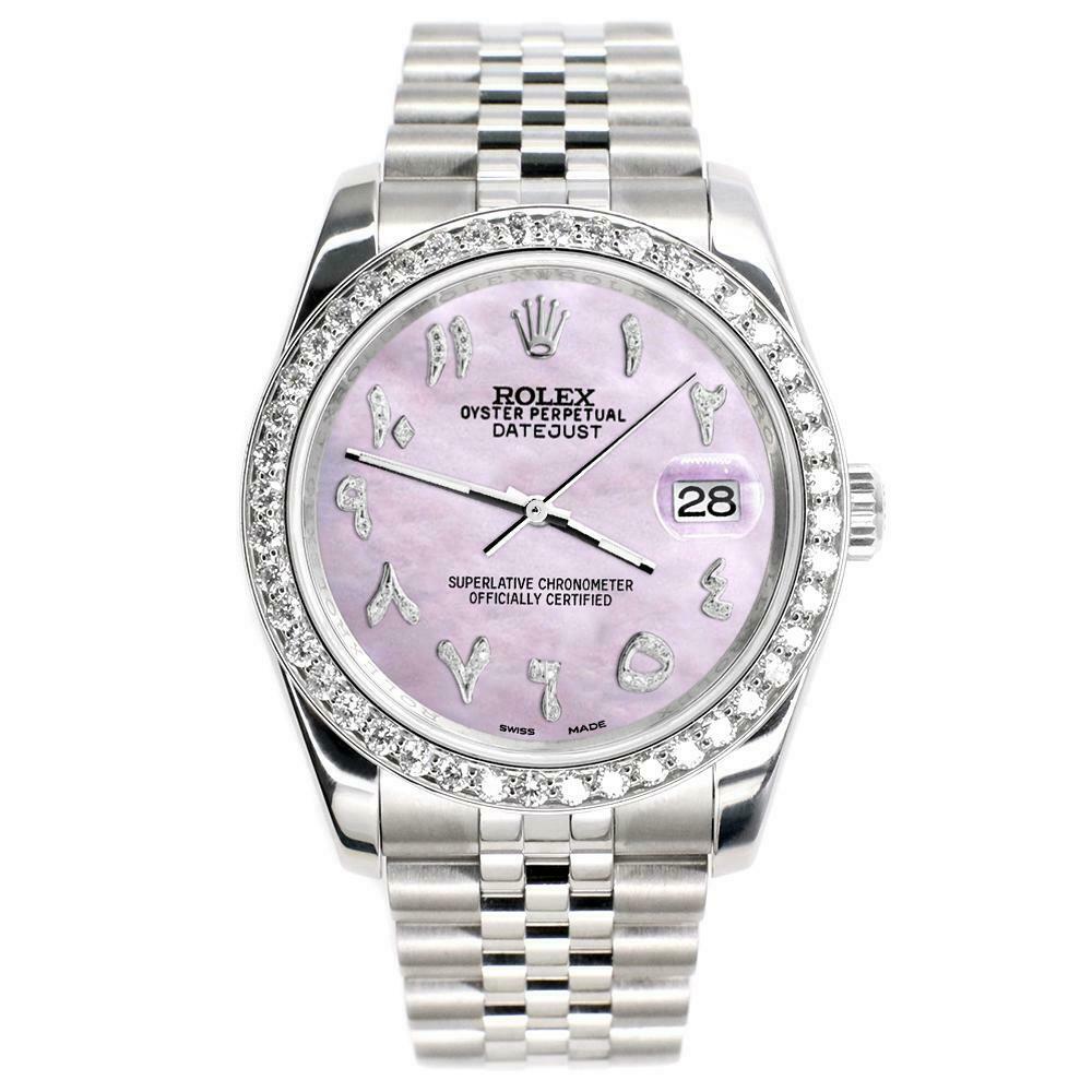 Rolex Datejust 116200 36mm 2ct Diamond Bezel/Pink Pearl Arabic Dial Steel Watch