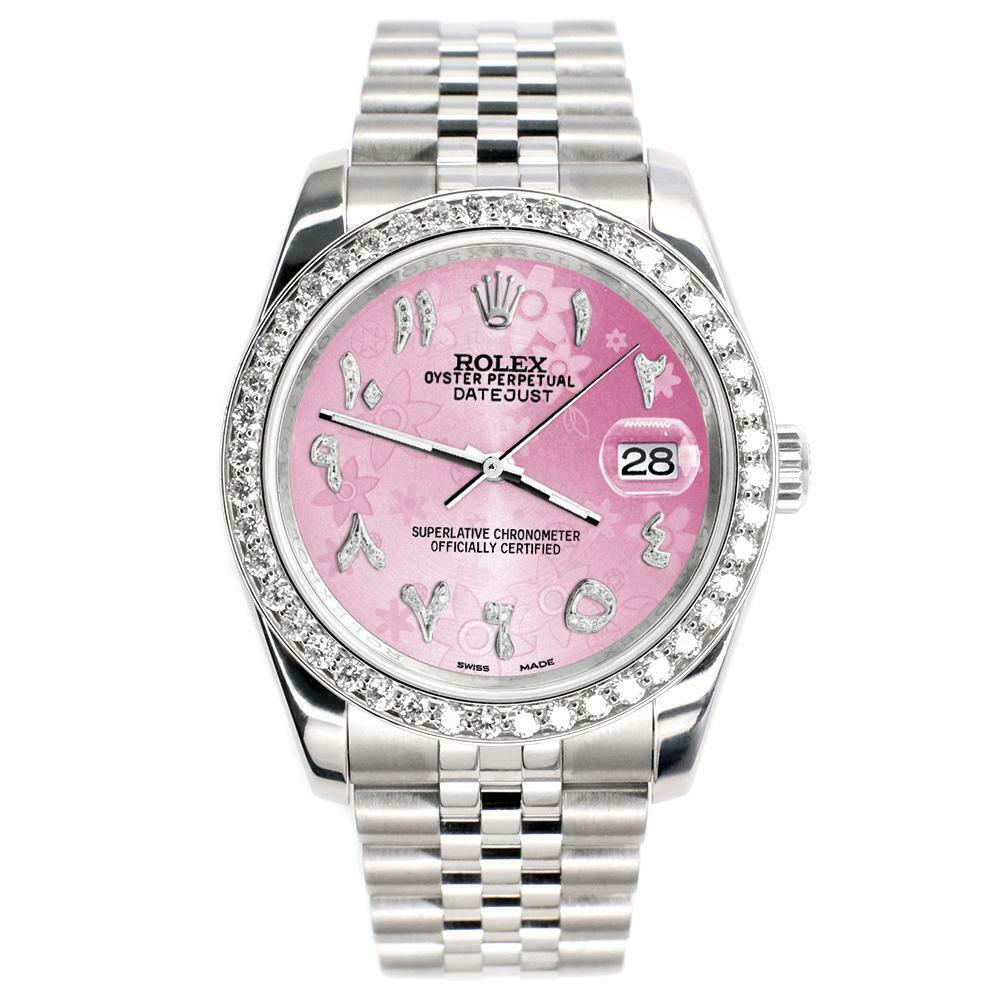 Rolex Datejust 116200 36mm 2ct Diamond Bezel/Pink Flower Arabic Dial Steel Watch