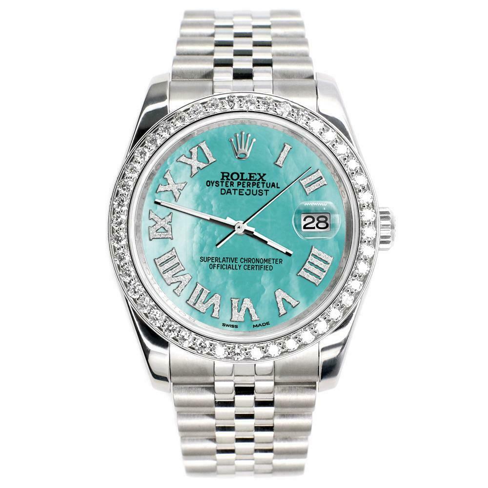 Rolex Datejust 116200 36mm 2.0ct Diamond Bezel/Aquamarine Roman Dial Steel Watch