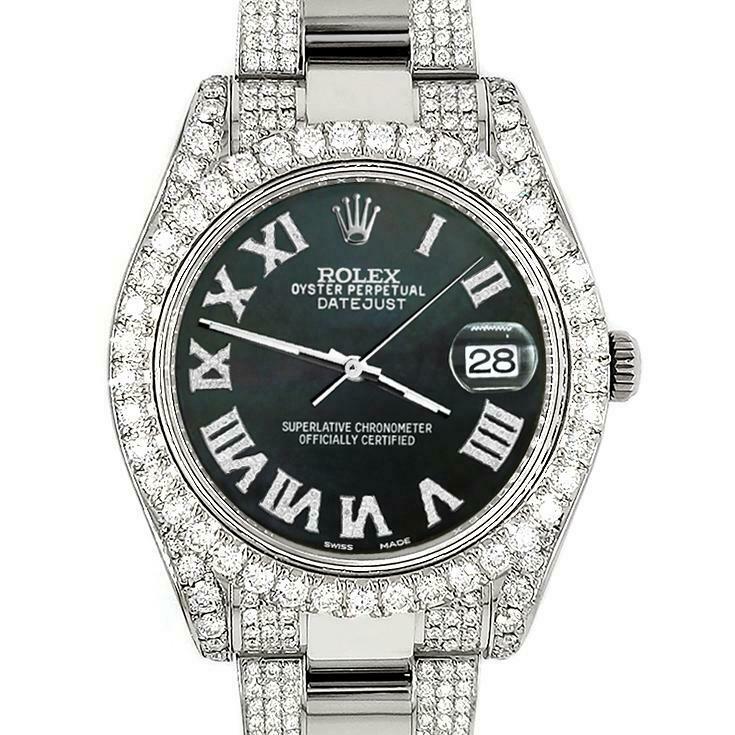 Rolex Datejust II 41mm Diamond Bezel/Lugs/Bracelet/Black MOP Roman Dial Watch