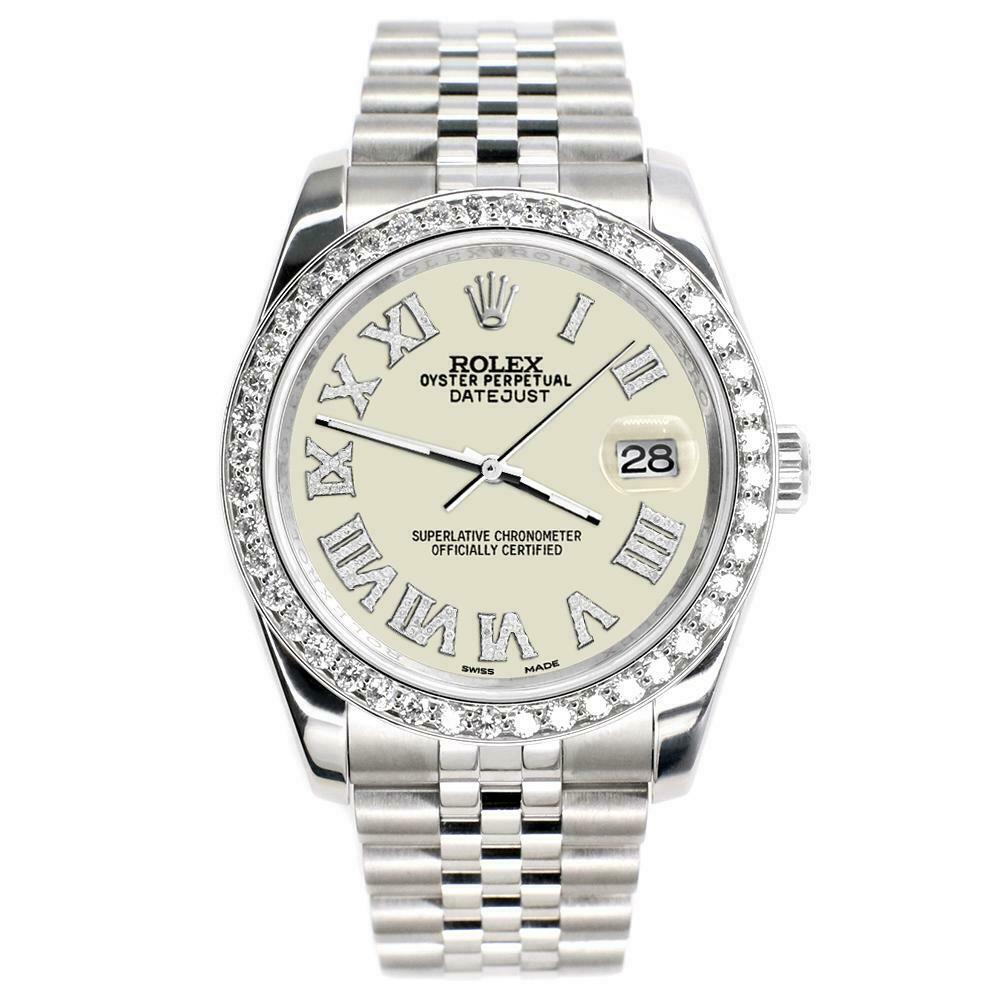 Rolex Datejust 116200 36mm 2ct Diamond Bezel/Linen White Roman Dial Steel Watch