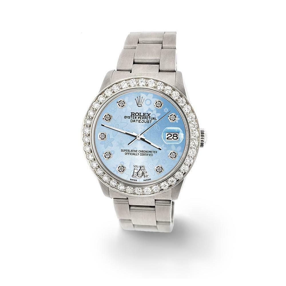 Rolex Datejust Midsize 31mm 1.52ct Bezel/Blue Flower Diamond Roman VI Dial Watch
