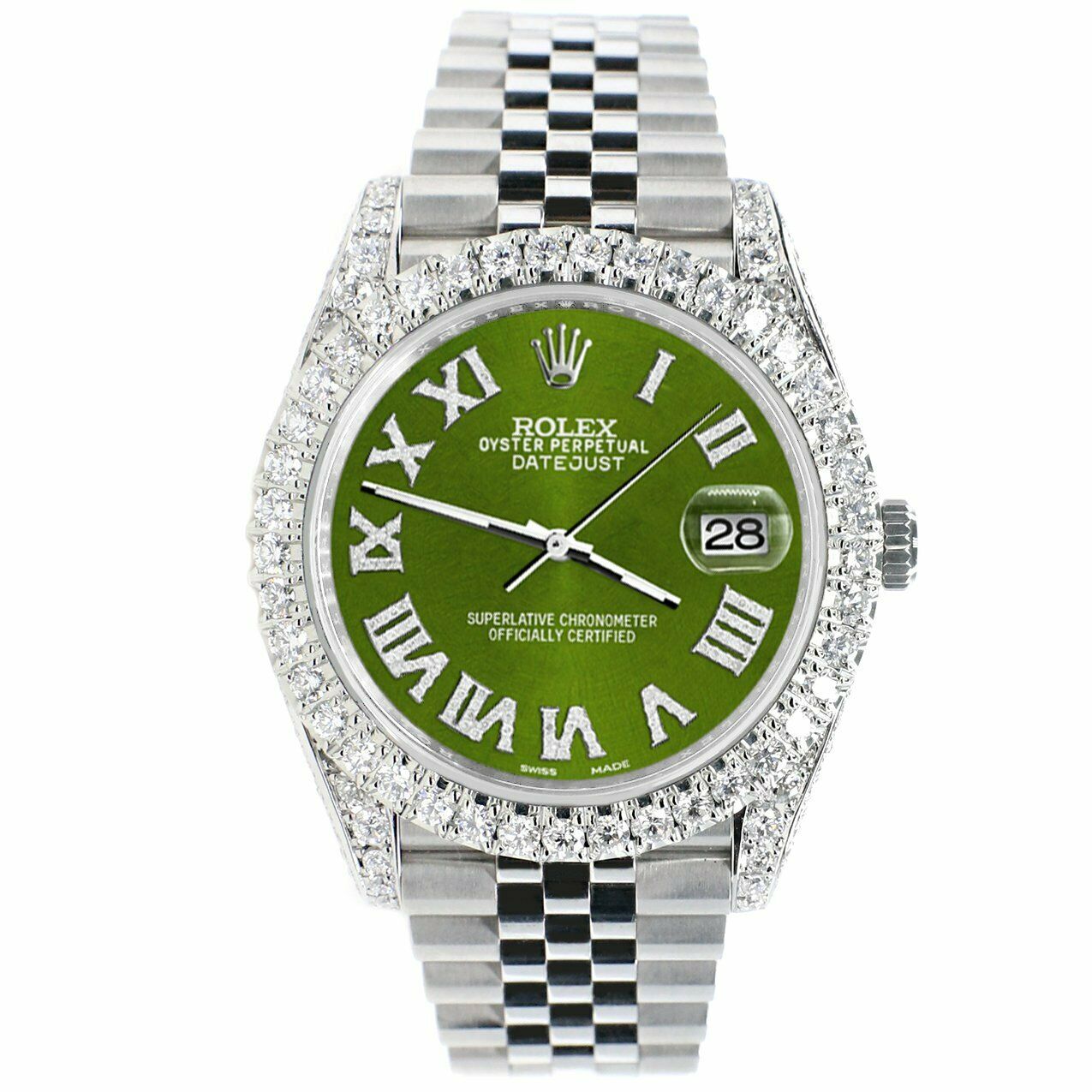 Rolex Datejust 41mm 5.9CT Bezel/Lugs/Sides/Royal Green Roman Watch