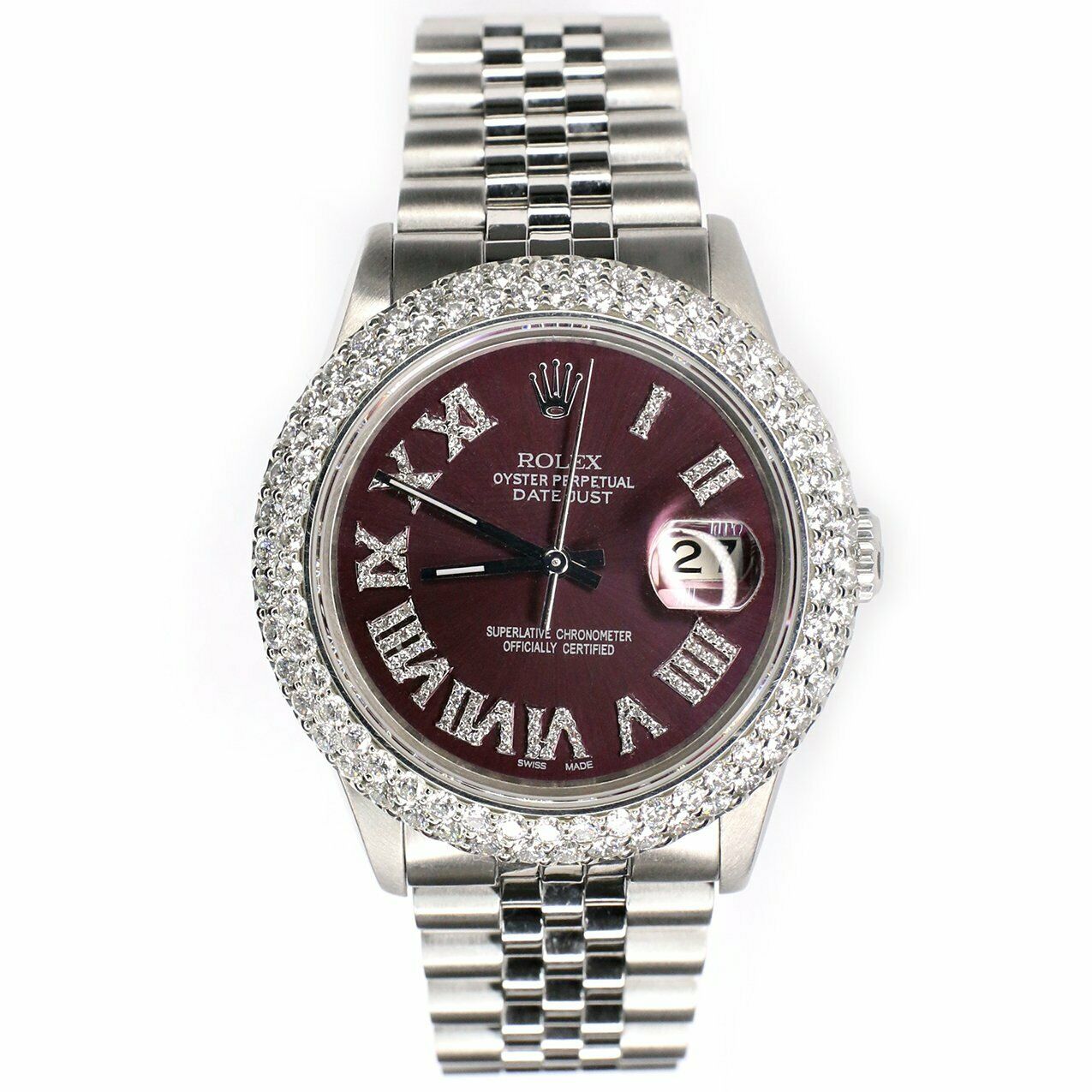 Rolex Datejust 36MM Steel Watch with 4.6CT Dome Diamond Bezel/Purple Roman Dial
