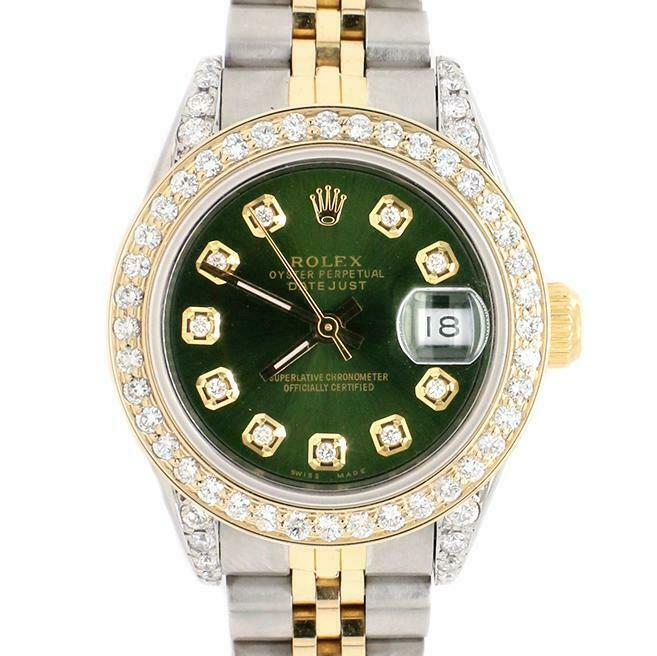 Rolex Datejust 26mm 2-Tone Gold/Steel Watch Diamond Bezel/Forest Green Dial