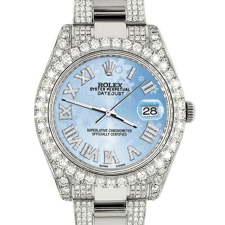 Rolex Datejust II 41mm Diamond Bezel/Lugs/Bracelet/Blue Flower Roman Dial Watch
