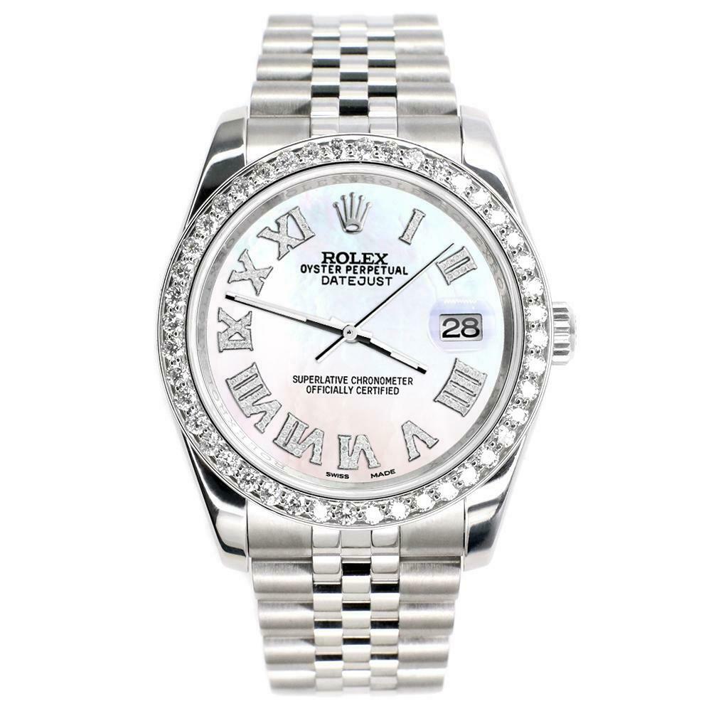 Rolex Datejust 116200 36mm 2ct Diamond Bezel/White Pearl Roman Dial Steel Watch