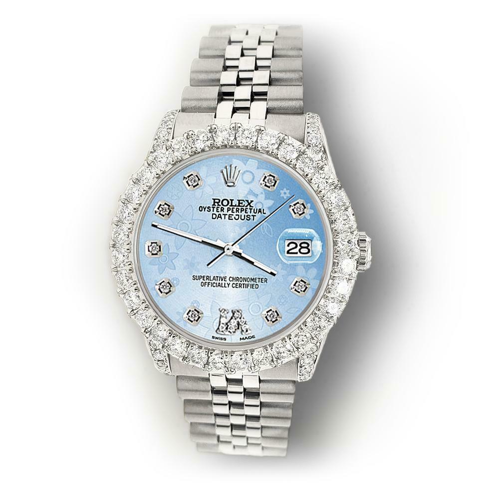 Rolex Datejust 31mm 2.95ct Diamond Bezel/Lugs/Blue Flower Roman VI Dial Watch