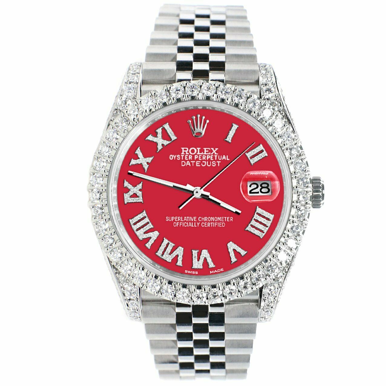Rolex Datejust 41mm 5.9CT Bezel/Lugs/Sides/Scarlet Red Roman Watch