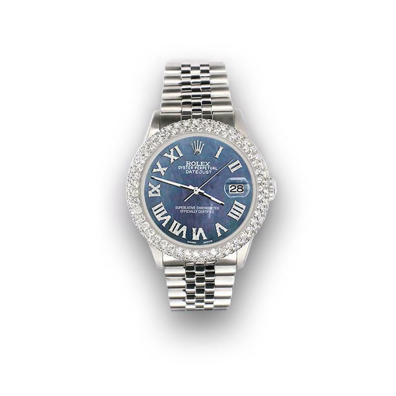 Rolex Datejust 36mm 4.6ct Dome Diamond Bezel/Black Pearl Roman Dial Steel Watch