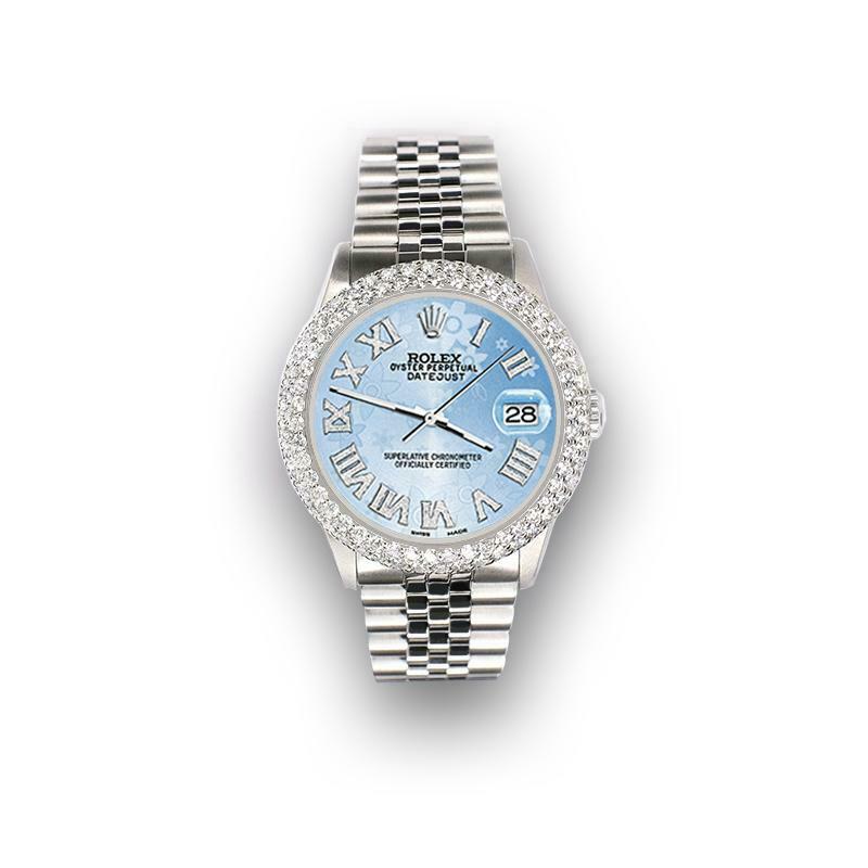 Rolex Datejust 36mm 4.6ct Dome Diamond Bezel/Blue Flower Roman Dial Steel Watch