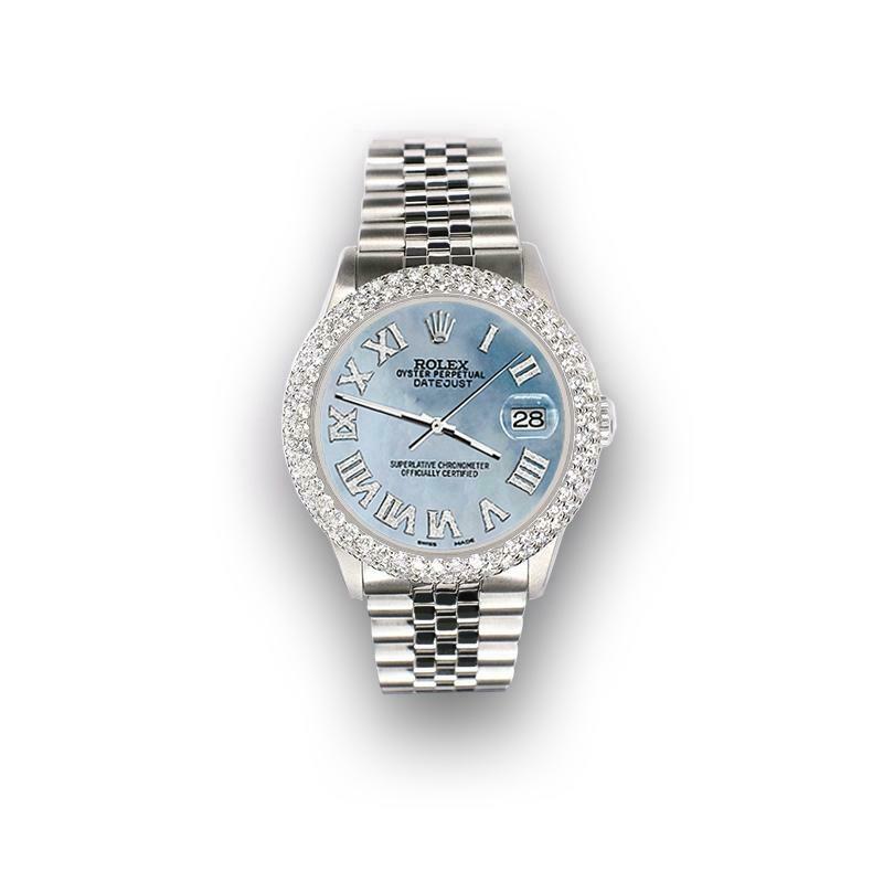 Rolex Datejust 36mm 4.6ct Dome Diamond Bezel/Sky Blue MOP Roman Dial Steel Watch