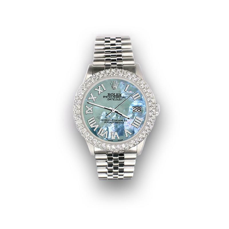 Rolex Datejust 36mm 4.6ct Dome Diamond Bezel/Tahitian Blue Roman Dial Watch