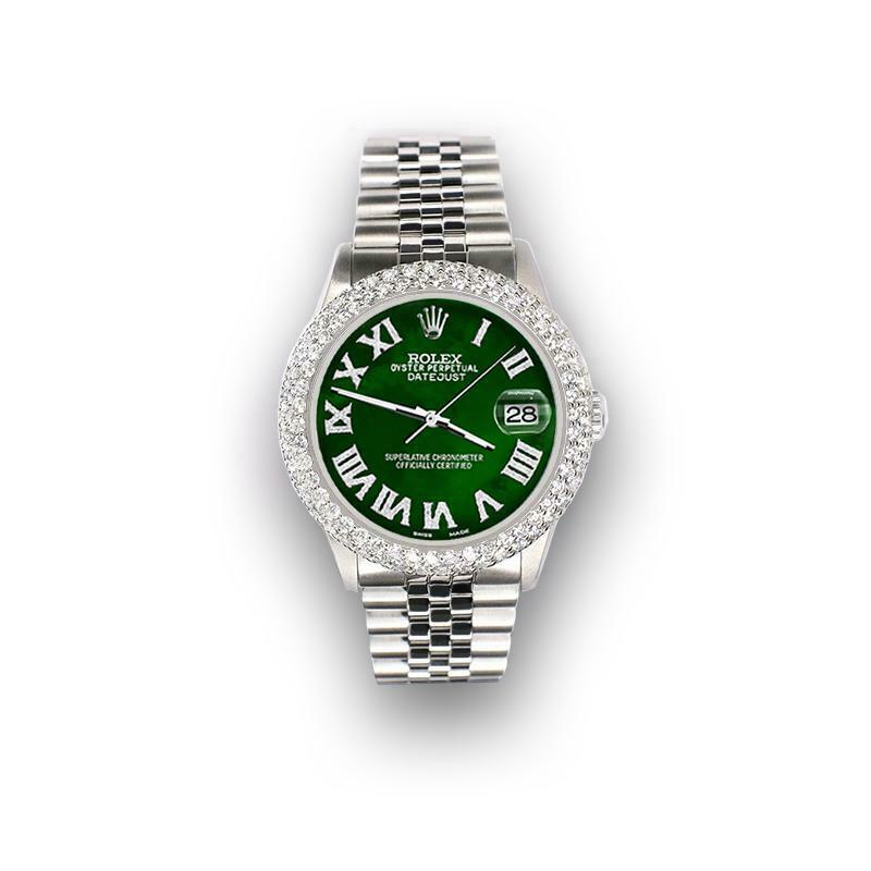 Rolex Datejust 36mm 4.6ct Dome Diamond Bezel/Emerald Green MOP Roman Dial Watch