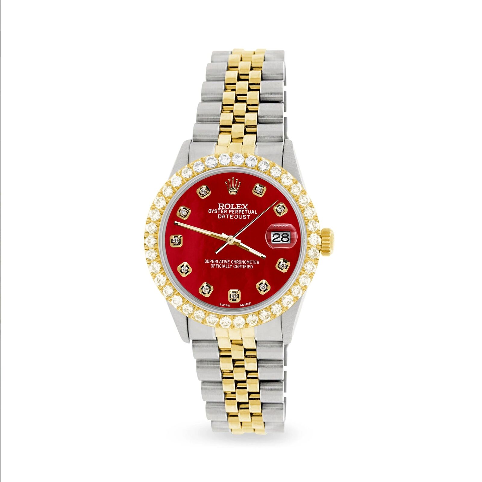 Rolex Datejust 36mm 2-Tone Watch 3.05ct Diamond Bezel/Red MOP Diamond Dial
