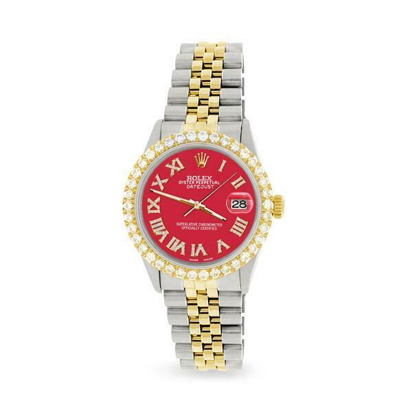Rolex Datejust 36mm 2-Tone WATCH/3.10ct Diamond Bezel/Scarlet Red Roman Dial