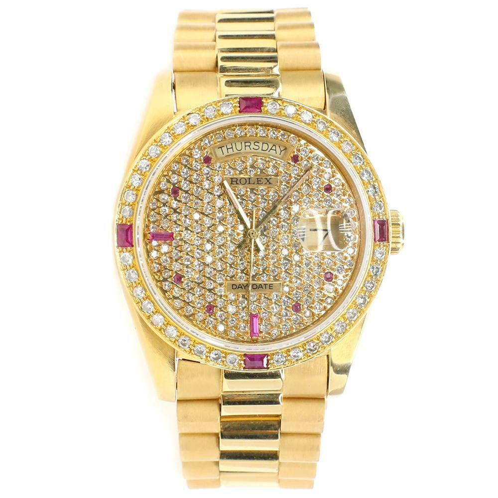 Rolex President Day-Date 36mm Yellow Gold Watch with Pave Diamond Dial/Bezel