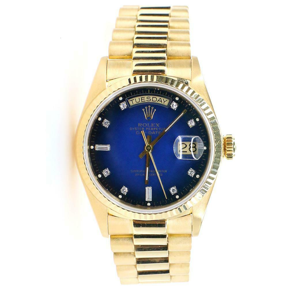 Rolex President Day-Date 36mm Yellow Gold Vignette Blue Diamond Dial Watch