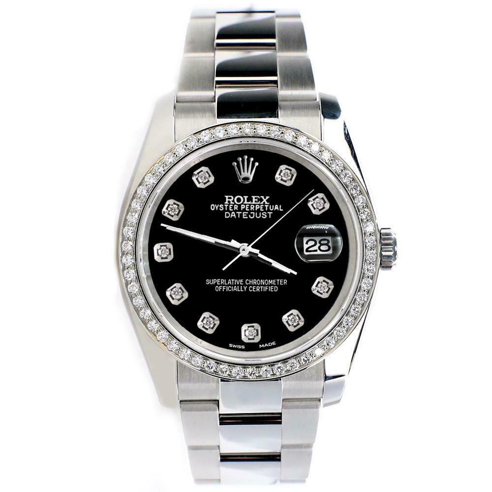 Rolex Datejust 36MM Steel Oyster/Custom Diamond Bezel/Black Diamond Dial 116200