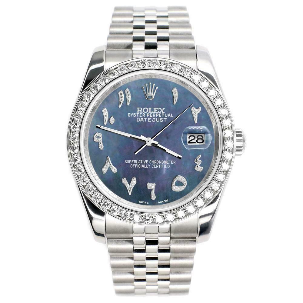 Rolex Datejust 116200 36mm 2ct Diamond Bezel/Black Pearl Arabic Dial Steel Watch